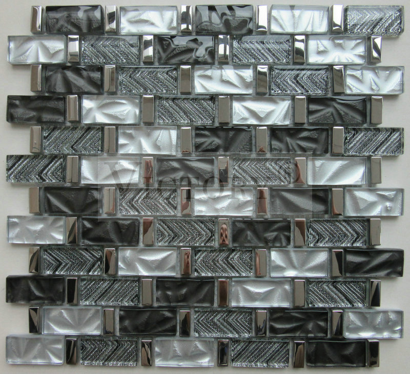 Black Color 23X48mm 8mm Thickness Mix Metal and Glass Mosaic Bathroom Tile Artistic Wall Tiles Gold Line Long Strip Template Glass Mosaic Glass Electroplating Metal Color Wall and Floor and Backgro...