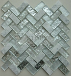 Стъклени мозаечни плочки Мраморна мозайка Мраморна и стъклена мозаечна плочка Мраморна мозаечна плочка Backsplash Мозаечна плочка рибена кост