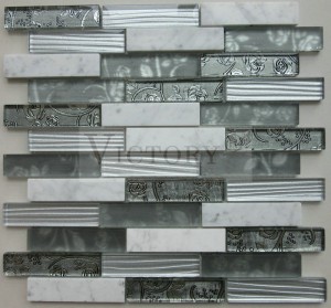 Tsenan'ny Eoropeana Glass sy Vato Mixed Tile Mosaic Design Eoropeana Plated Glass sy Black Color Stone Marble Building Mosaic Tile