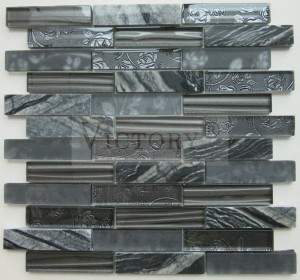 Tsenan'ny Eoropeana Glass sy Vato Mixed Tile Mosaic Design Eoropeana Plated Glass sy Black Color Stone Marble Building Mosaic Tile