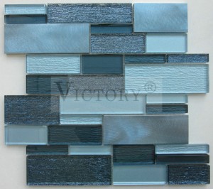 Bahan Berkualitas Tinggi Campuran Aluminium Kain Coklat Kaca Mosaik Inkjet Kaca Pelabuhan Biru Tekstur Linear Unik Ubin Mosaik Kaca