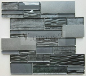 Hoogwaardig materiaal aluminiummix bruine stof glasmozaïek inkjet geglazuurde havenblauwe unieke lineaire textuur glasmozaïektegel