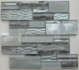 Ngwakọta dị elu nke Aluminom Mix Brown Fabric Glass Mosaic Inkjet Glazed Harbor Blue Pụrụ Iche Linear Texture Glass Mosaic Tile