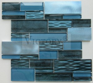 Taas-kalidad nga Materyal nga Aluminum Mix Brown Tela nga Salamin nga Mosaic Inkjet Glazed Harbor Blue Unique Linear Texture Glass Mosaic Tile