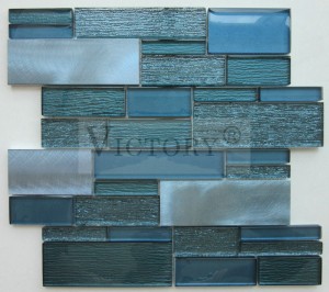 សម្ភារៈដែលមានគុណភាពខ្ពស់ អាលុយមីញ៉ូមលាយប្រោន ក្រណាត់កញ្ចក់ Mosaic Inkjet Glazed Harbor Blue Unique Linear Texture Glass Tile Mosaic
