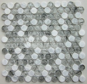 Mozaikové dlaždice Dreamcircle Penny Okrúhle celé telo Biele sklenené mozaikové dlaždice Kruhy Domáca dekorácia Kruhový dizajn Kovové mozaikové obklady