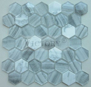 6mm Hexagon Tile Glass Mosaic alang sa Home Decor Marble ug Glass Mixed Mosaic alang sa Bathroom Wall Cladding