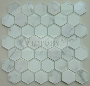 Mosaico de vidrio de azulejos hexagonales de 6 mm para decoración del hogar Mosaico mixto de mármol y vidrio para revestimiento de paredes de baños