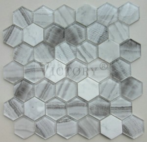 6mm Hexagon Tile Girazi Mosaic Yekushongedza Pamba Marble neGlass Mixed Mosaic yeBathroom Wall Cladding