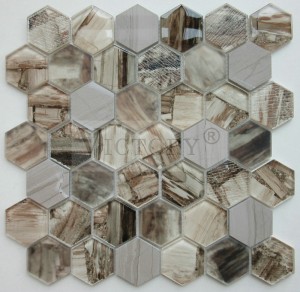 6mm Hexagon Tile Glass Mosaic alang sa Home Decor Marble ug Glass Mixed Mosaic alang sa Bathroom Wall Cladding