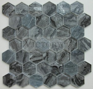 6mm Hexagon ٽائل گلاس موزيڪ گھر جي سجاوٽ لاءِ سنگ مرمر ۽ شيشي جو ملايو موزيڪ باٿ روم جي وال ڪلڊنگ لاءِ