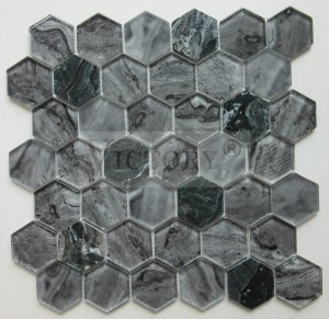 घर की सजावट के लिए 6 मिमी हेक्सागोन टाइल ग्लास मोज़ेक, बाथरूम की दीवार पर चढ़ने के लिए संगमरमर और ग्लास मिश्रित मोज़ेक