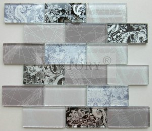 ဒီဇိုင်းအသစ် မီးခိုးရောင် ရောနှောထားသော Meshed Back မြေအောက်ရထား နံရံကပ် မီးဖိုချောင်အတွက် Backsplash ကြွေပြား Glass Mosaic ဖန်သားအိမ် Backsplash Crystal Glass Mosaic မြေအောက်ရထား ကြွေပြား