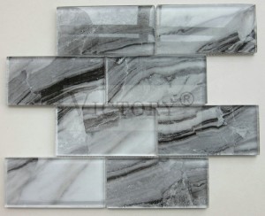 Super White Glass Mosaic Tile na may Laminated Inkjet Stone Pattern para sa Wall Dekorasyon