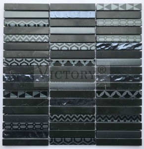 Strip Glass Mosaic ແລະ Stone Marble ສໍາລັບກໍາແພງຫີນພື້ນຫລັງສີຂາວ Marble Mosaic Tile ທໍາມະຊາດ Stone Mosaic Glass Mosaic Stacked Pattern Grey Marble Stone Mosaic Tile ສໍາລັບການອອກແບບພາຍໃນ
