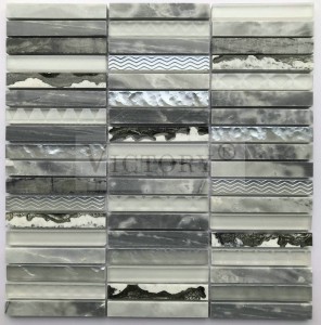 Nauha lasimosaiikki ja kivimarmori seinätaustalle Valkoinen marmorimosaiikkilaatta Luonnonkivimosaiikki lasimosaiikki pinottu kuvio Harmaa marmori kivimosaiikkilaatta sisustussuunnitteluun