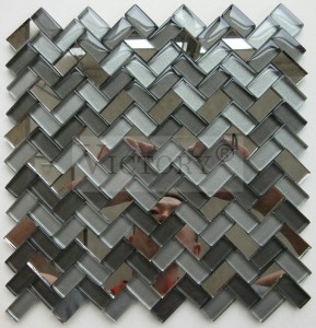 Coklat/Abu-abu Backsplash Herringbone Kaca Mosaik Ubin untuk Dekorasi Dinding Rumah Impian Mosaik Abu-abu Muda Desain Strip Bentuk Kaca Kristal Mosaik Deco Ubin