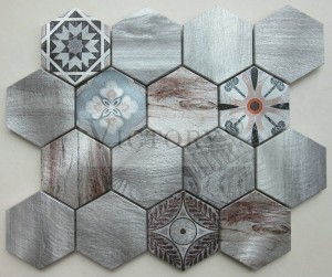 Marmer Pilari Gray Warna Inkjet Digital Printing Triangle / Strip / Hexagon Aluminium Mosaic Genténg