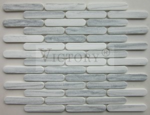 Strip Shape Carrara Recycle Glass Mosaic for Bathroom Kitchen အတွက် ဒီဇိုင်းသစ် ရေချိုးခန်းအလှဆင် Glass Mosaic Strip Shape Stone Recycled Glass Mosaic