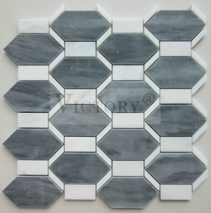 Зургаан өнцөгт мозайк шалны хавтан Гантиг мозайк арын хавтан Каррара мозайк хавтан Гал тогооны өрөөний арын хавтанд зориулсан зургаан өнцөгт цагаан/хар/саарал гантиг чулуун мозайк хавтан