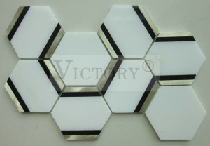 Bandă Linear Bronz Backsplash Perete Marmură Piatră Mozaic Hexagon Nou Design Hexagon Bandă de cupru încrustată Piatră Mozaic Piatră Decorare perete interior