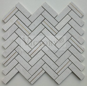 Inlaid Koper Strip White / Grey Herringbone Marble Stone Mosaic Tile