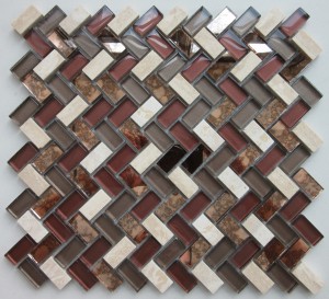 Hnedý/sivý backsplash rybia kosť sklenená mozaiková dlaždica na dekoráciu steny Mozaika vysnívaného domu svetlosivá dizajn pásik tvar sklenená krištáľová mozaika deco dlaždice