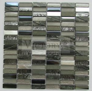 ផ្ទះបាយគុណភាពខ្ពស់ Backsplash Strip Glass Stone Aluminum Mosaic Tile 300X300 Interior Wall Color Mixture Glass Stone Mosaic Tile តម្លៃថោក រចនាបថអឺរ៉ុប ថ្មកញ្ចក់ ក្បឿង Mosaic សម្រាប់ជញ្ជាំង