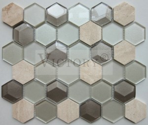 නවීන බිත්ති සැරසීම සඳහා USA Style 3D Crystal Glass Mosaic Tile White Travertine/Biancone/CreamMaifil/Emperador Marble Mixed Glass Mosaic ටයිල්ස් ෂඩාස්රාකාර හැඩය නිවසේ හෝටල් නානකාමර කුස්සියේ බිත්ති බැක්ස්ප්ලෑෂ්