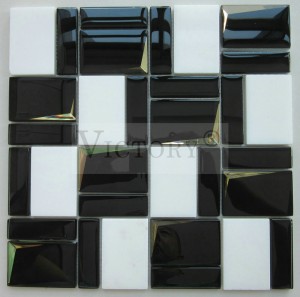 Κρυστάλλινο λευκό και μαύρο μάρμαρο Κίνας μωσαϊκό Μικτό γυαλί καθρέφτη για τοίχο κουζίνας Πολυτελής διακόσμηση σπιτιού Φωτεινό χρώμα λοξότμητο γυαλί λευκό καθρέφτη μωσαϊκό πλακάκι Τούβλο 3D πλακάκια τοίχου Μωσαϊκό