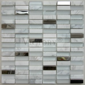 အရည်အသွေးမြင့် မီးဖိုချောင် Backsplash Strip Glass Stone အလူမီနီယမ် Mosaic Tile 300X300 အတွင်းနံရံ အရောင်အရောအနှော Glass Stone Mosaic Tile စျေးနှုန်းချိုသာသော ဥရောပစတိုင် နံရံအတွက် Glass Stone Mosaic tiles