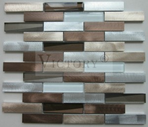 Panganyarna Dirancang Hiasan Geulis Gray Bevel Kaca Metal Mosaic Genténg Coklat Jalur Kaca Linear Campuran Aluminium Mosaic Pola Dapur Backsplash