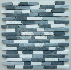 Strip Batu Mosaic Waterjet Mosaic Tile Hideung sareng Bodas Mosaic Tile Bodas Mosaic Backsplash Alami Marmer Batu Mosaic, Ngabentuk Marmer Mosaic pikeun Dekorasi Imah