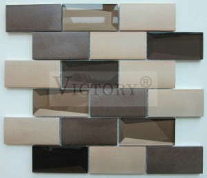 Panganyarna Dirancang Hiasan Geulis Gray Bevel Kaca Metal Mosaic Genténg Coklat Jalur Kaca Linear Campuran Aluminium Mosaic Pola Dapur Backsplash