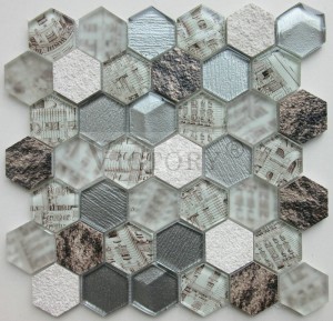 3D-Kristallglas-Mosaikfliesen im USA-Stil für moderne Wanddekoration, weißer Travertin/Biancone/CreamMaifil/Emperador-Marmor, gemischte Glasmosaikfliesen, sechseckige Form, für Heim, Hotel, Badezimmer, Küche, Wandrückwand