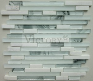 Foshan Laminated Crystal Kaca Mosaik Backsplash Kaca Mosaik untuk Dapur Kamar Mandi Dekorasi Ruang Makan Dinding Dekoratif 8 Mm Kaca Mosaik Ubin Strip