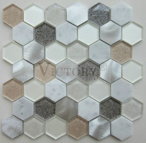 Kina Factory New Design Hexagon Aluminium Glass Mix Farge Mosaikk Tile for Bad Vegg Fliser 300X300 Farge Blanding Glass og stein Mosaikk Vegg Fliser