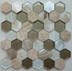 Kinijos gamyklos naujo dizaino šešiakampio aliuminio stiklo mišinio spalvų mozaikinės plytelės vonios kambario sienų plytelėms 300x300 spalvų mišinio stiklo ir akmens mozaikinės sienų plytelės