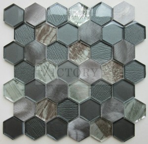 Čína Factory New Design Hexagon hliníková sklenená mozaiková mozaiková dlažba pre kúpeľňové obklady 300x300 farebná zmes sklenená a kamenná mozaiková stena