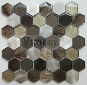 Pabrik Cina Desain Baru Kaca Aluminium Hexagon Campuran Warna Ubin Mosaik untuk Ubin Dinding Kamar Mandi 300X300 Kaca Campuran Warna dan Ubin Dinding Mosaik Batu