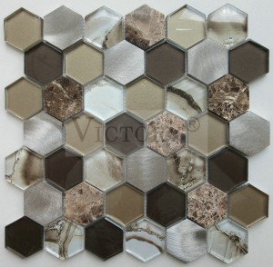 China Factory New Design Hexagon Aluminum Glass Mix Color Mosaic Tile ho an'ny efitra fandroana rindrina taila 300X300 loko mifangaro fitaratra sy vato Mosaika rindrina taila