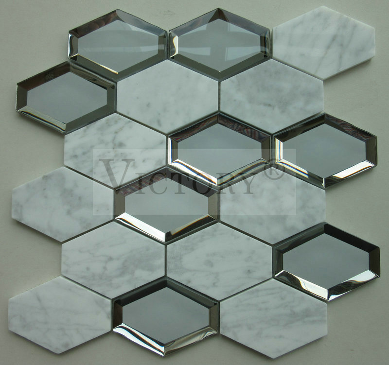 Sgàthan daoimean Hexagon Leacan breac-dhualach glainne criostail airson balla cidsin sgeadachadh dachaigh sòghail dath soilleir Bevel Glass Mosaic Mirror 3D Wall Tiles Mosaic Mosaic