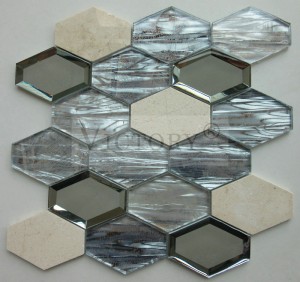 Leacan breac-dhualach glainne criostail hexagon airson balla cidsin sgeadachadh dachaigh sòghail dath soilleir Bevel Glass Mosaic Sgàthan breac-dhualach 3D leac balla