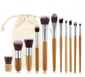 Hot 11PCS Natural Bamboo Handle Makeup Brushes Set High Quality Foundation Blending Cosmetic Make up Tool Set with Cotton Bag