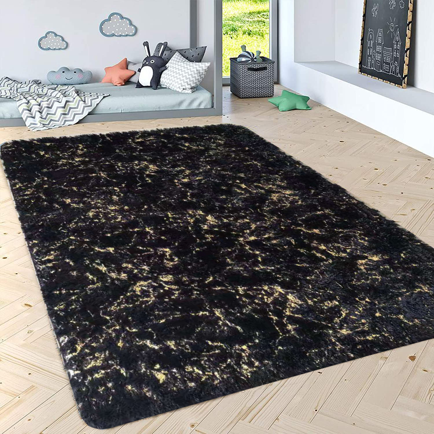 Amazon Hot Selling Shaggy Living Room Center Rug gold Silver Silver blocking Comfy Floor Rug Area Carpet