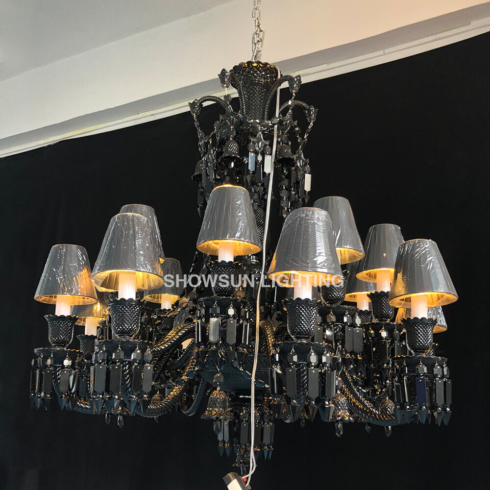 Baccarat Inspired 18 Lights Black Chandelier Lustre Baccarat Crystal Lighting with Lampshades