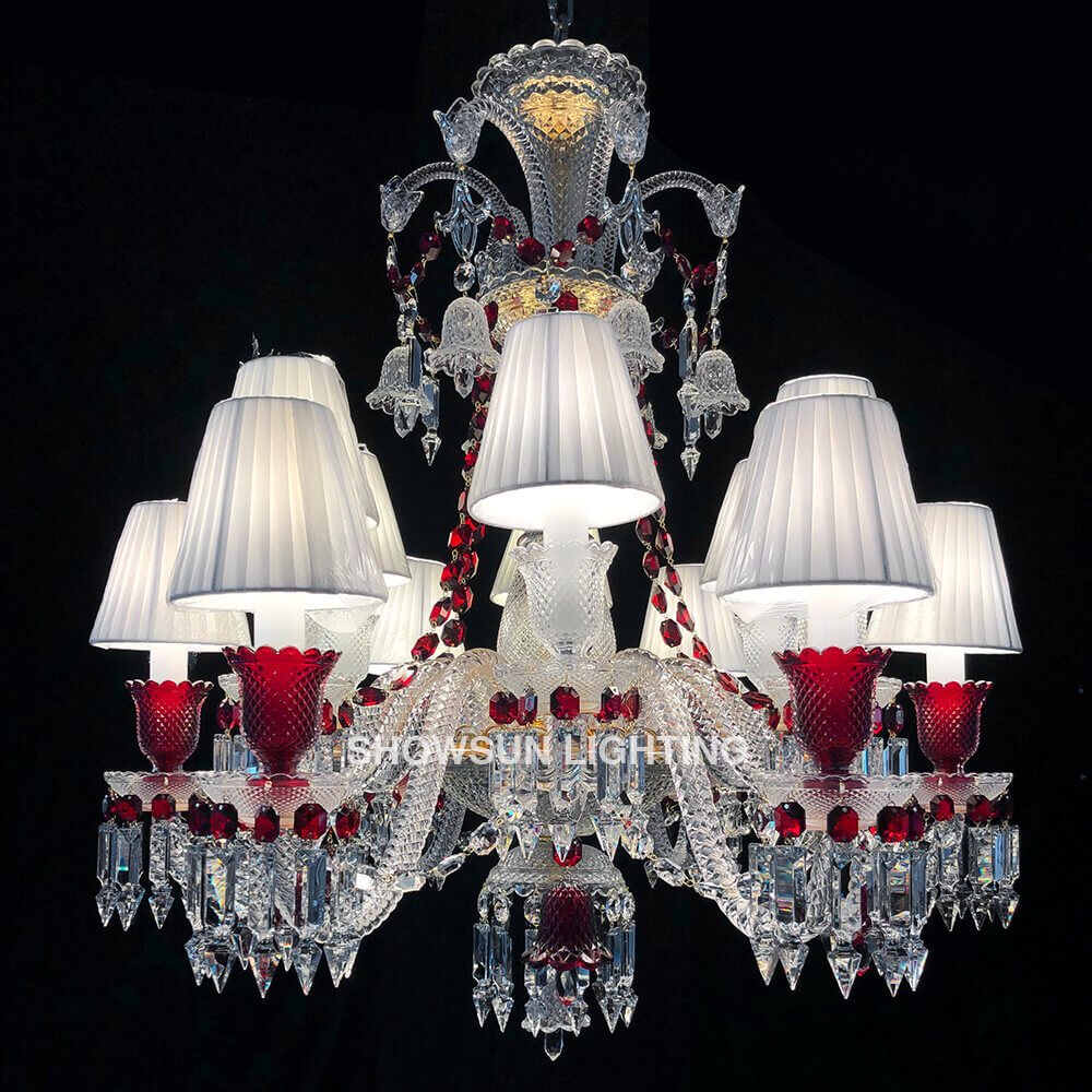 Custom Made Lustre Baccarat 12 Lights Clear & Red Baccarat Crystal Chandelier in Gold