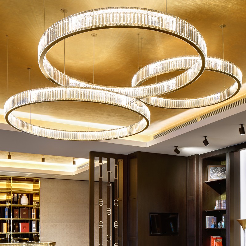 Custom LED Ring Chandelier Modern Crystal Pendant Light for Hotel Lobby