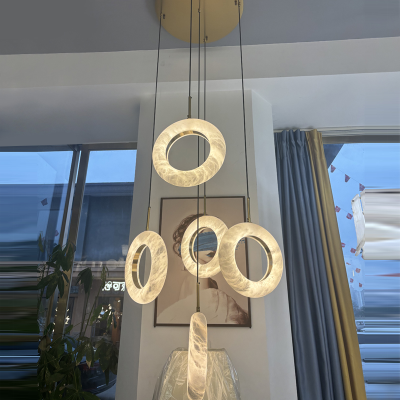 10 Feet Long Staircase Chandelier with 5 Alabaster Rings