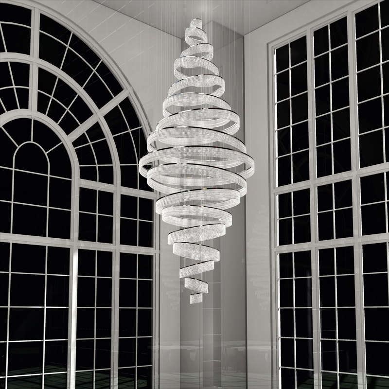 17 Rings Long Spiral Crystal Chandelier for High Ceilings Custom Staircase Chandelier